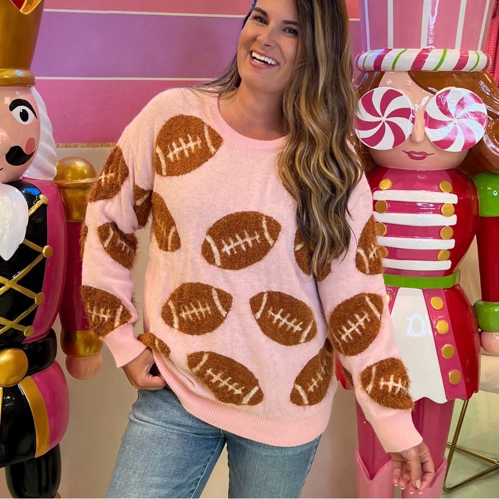 Simply Southern Pink Football Fuzzy Super Soft Sweater Knit Pullover Womens L